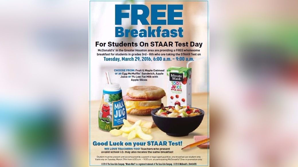 Greater Houston area McDonald's offers free breakfast for STAAR Test